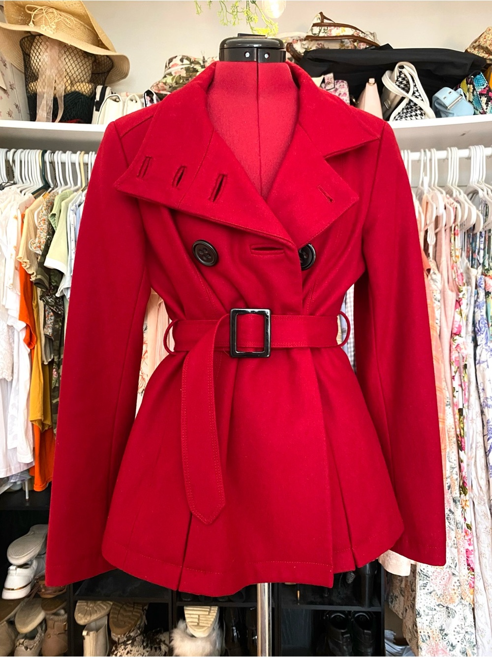 🍁🍎❤️ Red Trench Pea Coat Belted Double-Breasted Fall Autumn Preppy Collegiate